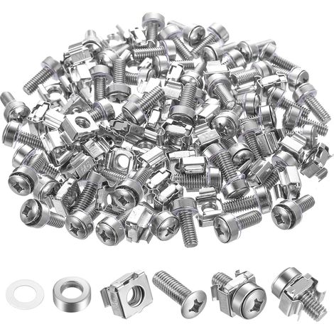 50 Ensemble de vis de montage en étagère et écrous de cage pour cabinet de serveur de montage en étagère, vis de montage en acier au carbone noir et écrous de cage avec rondelles, M6 x 20mm, argenté