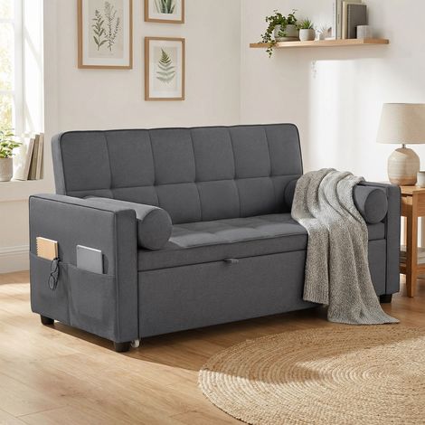 Canapé convertible 2 places 3 en 1 canapé-lit avec lit gigogne double dossier réglable 2 coussins 80,5x137,5x84cm gris (1/5)