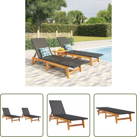 Akazienholz -  Sonnenliegen 2 Stk. Schwarz Braun Poly Rattan Massivholz Akazie