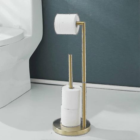 Porte-papier toilette sur pied - Support pour rouleau de papier toilette avec rangement - Distributeur de papier toilette avec réserve - Or brossé - Acier inoxydable (1/5)