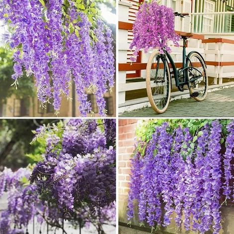 Lot de 14 fleurs artificielles de glycine à six feuilles, violettes et bleues, pour la décoration de plafond, mariage et décoration intérieure. (1/5)