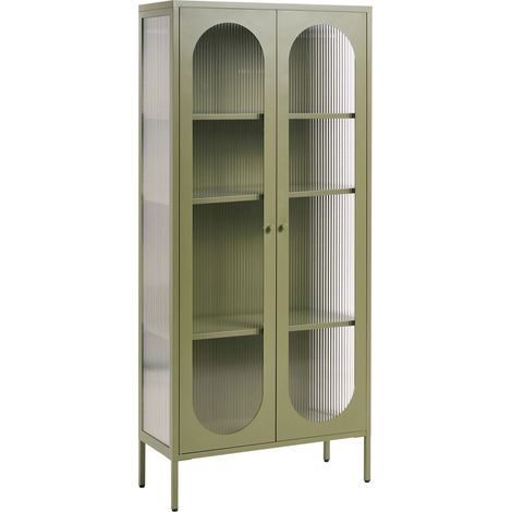 Office Cabinet Green Steel 80 x 35 x 181 cm Metal 2 Doors Glass Front and Sides Display FOXTON (1/5)