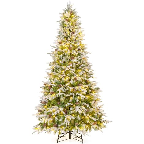 COSTWAY Albero di Natale Artificiale Pre-Luminoso 225 CM, Albero di Natale Innevato con 470 Luci LED Bianche Calde, 1135 Punte, 81 Pigne e Base Metallica (225 CM) (1/5)