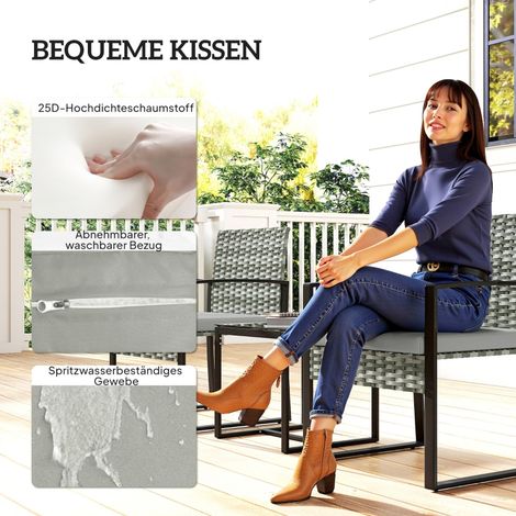 Ensemble de jardin en rotin, salon de jardin 3 pièces avec 2 fauteuils et table basse, coussins amovibles gris clair (1/5)