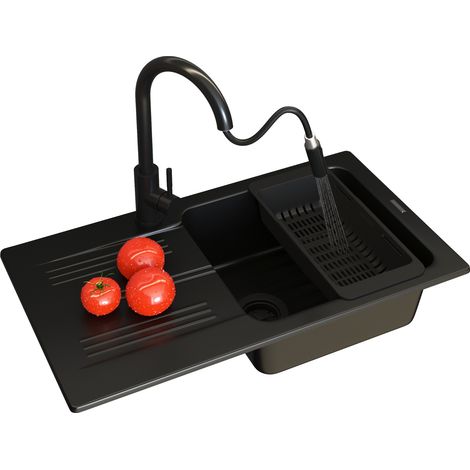 ÉVIER EN GRANIT ADA CUVE UNIQUE ROBINET NOIR PANIER SIPHON LOSETO (1/5)