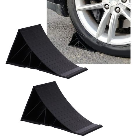 Lot de 2 cales de roue noires robustes en PE antidérapantes haute stabilité pour voitures, caravanes, camping-cars, camions et quads. (1/5)