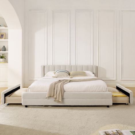 Lit 160x200 cm en chenille beige avec 4 tiroirs, tête de lit ergonomique et ports USB/USB-C