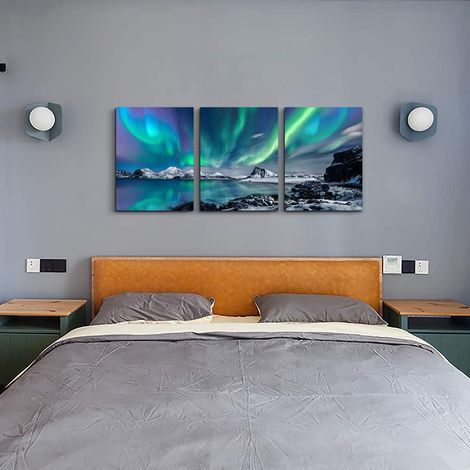 Peinture Canvas 20x20cm Tableau Moderne Aurore Boréale Bleu Vert Ciel Étoilé, Décor Mural Salon Chambre Bureau Cuisine Salle de Bain, Impression Toile (1/5)