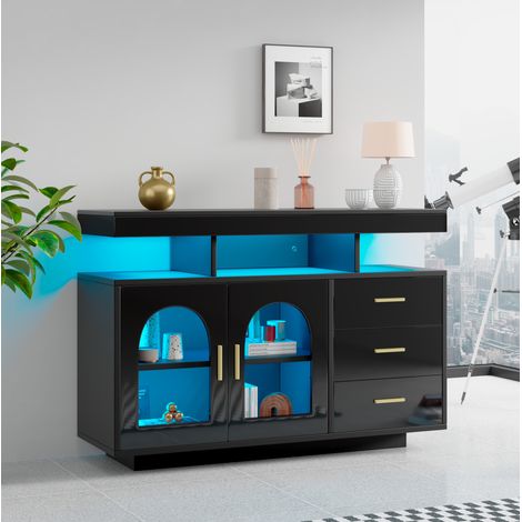 Aparador LED (120x40x80 cm), con 3 cajones y 2 puertas, superficie brillante, tablero de partículas, negro (1/5)