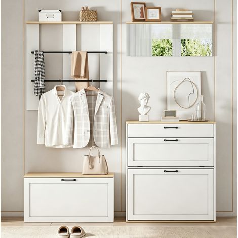 Modulare Garderobe mit Schuhschrank, Spiegel, Schublade, Weiß und Holz, 156x36x176 cm (1/5)