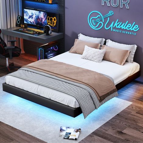 Estructura de cama con arcón 160x200 cm negro — LED integrado, almacenamiento hidráulico, somier de lamas