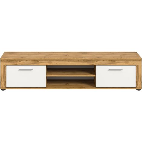 CALICOSY - Meuble TV 2 portes abattantes et 2 niches blanc et chêne wotan L160 cm - AOSTA (1/5)