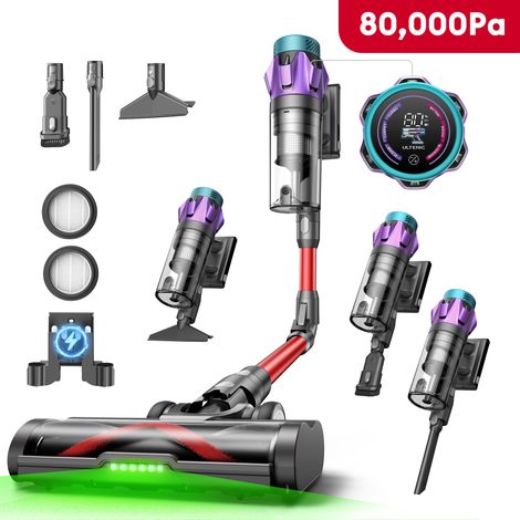 ULTENIC Aspirateur Balai sans Fil UF18P, 600W, 150AW, 80Kpa, Autonomie 80 min, Écran LED, Tube flexible, GreenEye, Nouvelle version, Gris et Rouge