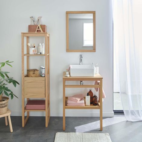 Waschtisch 60cm Eiche, eckiges Becken, Armatur, Spiegel, Schrank  HOPP