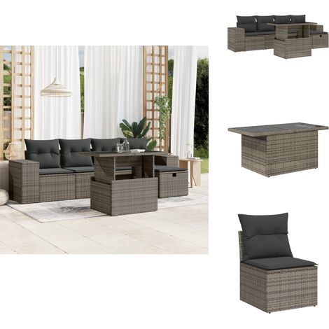 Salon de jardin 6 pcs avec coussins gris résine tressée - Ensemble Salon De Jardin - Mobilier De Jardin - Table De Jardin Extensible - Chaise Lounge - Fauteuil De Jardin (1/5)