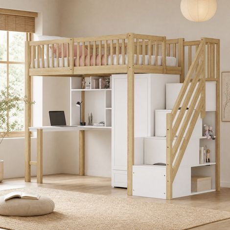 Letto a soppalco 90 x 200 con armadio, scrivania e contenitore in legno bianco HAVRYA (1/5)