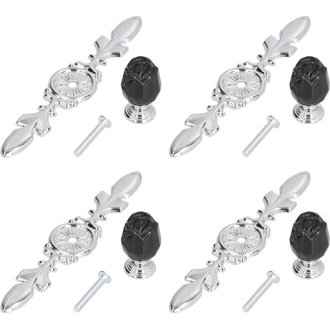 Lot de 4 poignées en cristal avec plaque, style européen moderne et épuré, pour tiroirs, commodes et placards, noir. (1/5)
