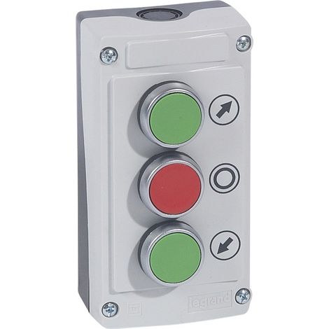Boîte à bouton équipée Osmoz avec 3 boutons à impulsion ( 2 boutons vert et 1 bouton rouge ) avec couvercle gris LEGRAND 024236 (1/2)