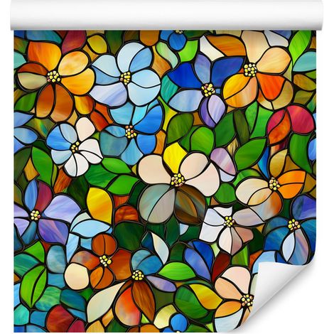 Tapete mit blau-goldenen Glasblumen für Wohn- und Schlafzimmer, 50 x 1000 cm (1/5)