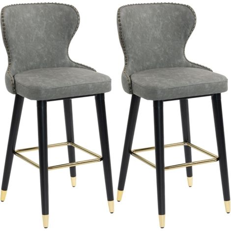 Set of 2 Grey PU Leather Bar Stools with Back and Footrest,Stylish Kitchen Counter Seating with Wooden Legs for Breakfast Bars