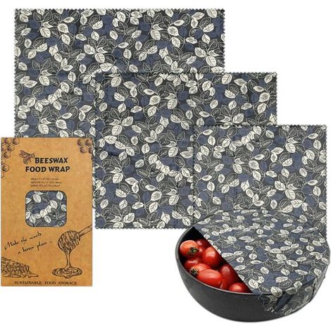Set di 3 involucri in cera d'api con un elegante motivo a foglie in bianco e nero, disponibili in tre misure: piccola, media e grande, riutilizzabili e senza plastica. (1/2)