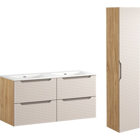 Doppelwaschtisch und Hängesäule 121cm Mallory mit 2 Schubladen, Beige und Holzoptik