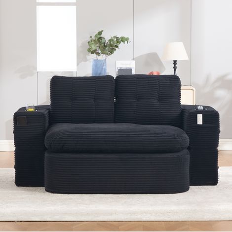 Canapé convertible 2 places en cord, noir, 165 x 123 x 61 cm, avec porte-gobelets HAVRYA (1/5)