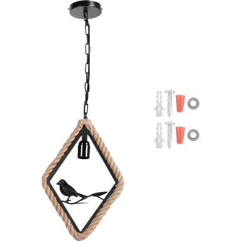 Ortviai Suspension rétro en fer et corde de chanvre avec décoration oiseau – forme losange, 85-245 V, base E26/E27