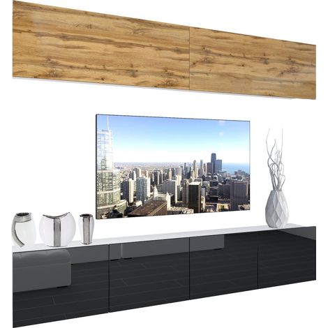 BELINI - Unité Murale TV NEX I Ensemble Muebles de Salon Complet I Ensemble Meuble TV avec Illumination LED I Dimensions: 200 x 180 x 36 cm I Coleur: chêne wotan/Noir très Brillant (1/5)