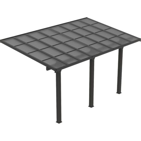 Vente-Unique – Carport pergola adossée en aluminium – Toit polycarbonate résistant aux UV – Surface 15,13 m² – Monopente – 3 piliers – Gris anthracite