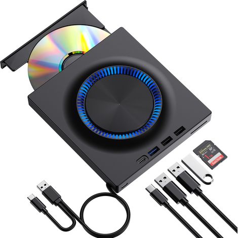 Lecteur DVD Externe - Graveur CD DVD USB 3.0 et USB-C - Compatible Windows MacOS - Fente SD TF - 1 Pièce (1/5)