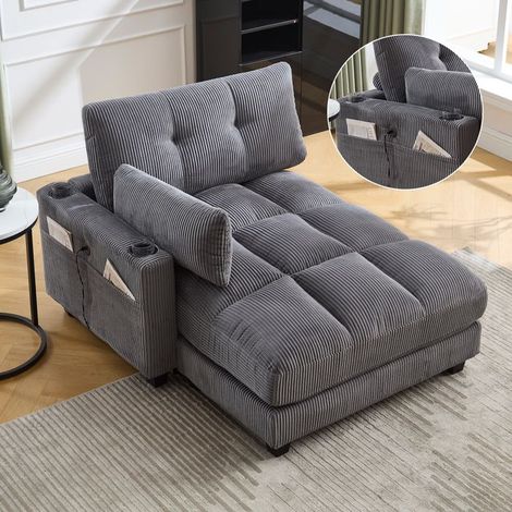 Fauteuil palmier 1 place velours côtelé gris avec appui-tête, poches latérales et port USB (1/5)