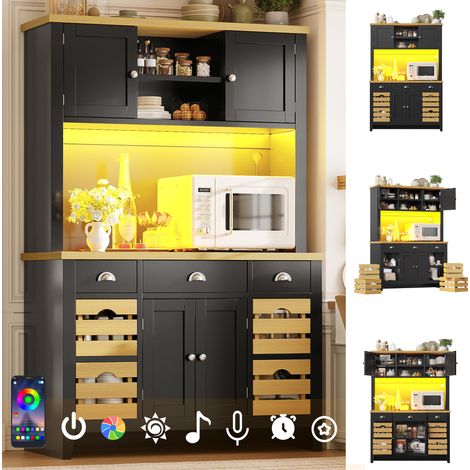 Buffet de Cuisine haut 120x40x188 cm avec LED RGB, Plan de Travail Effet Bois, 4 Paniers Amovibles, Étagères Réglables et Fermeture Douce, Noir (1/5)