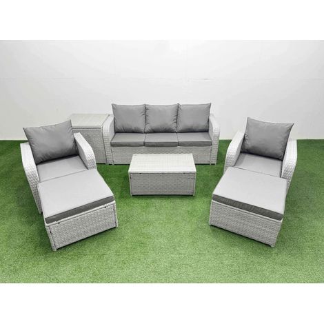Fimous PE Rattan Garden Furniture Set Reclining Chair Sofa Lounge Sofa Set Oblong Coffee Table Side Table 2 Big Footstool Light Grey (1/4)