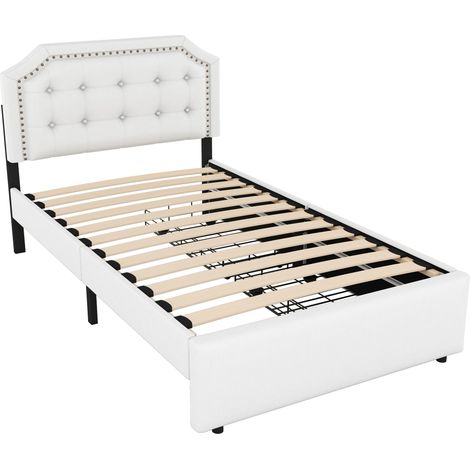 Cama tapizada 90 x 200 cm en lino y MDF con 2 cajones, beige claro (1/5)