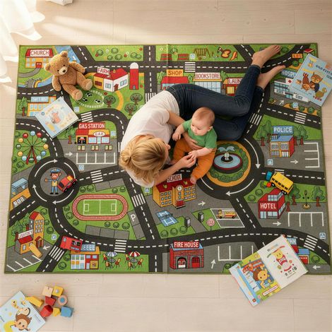 Tapis d'éveil pour bébé, antidérapant, motif route de ville, 200 x 150 cm, multicolore (1/5)