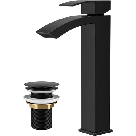 Robinet Salle de Bain Noir avec Bonde de Vidage, Mitigeur Lavabo Cascade Monocommande, Eau Chaude et Froide, Hauteur de Bec 225 mm, Design Bec à Grille et Économiseur d’Eau (1/5)