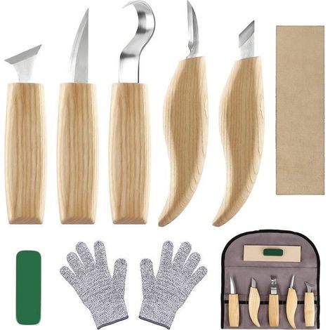 Kit de 9 PCS outils de sculpture sur bois, WOVTE les outils du bois avec gants résistants aux coupures, 5 couteaux à découper (1/4)