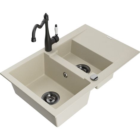 Mexen Gaspar évier en granit 1,5-bac avec égouttoir et robinet de cuisine Carla, beige - 6507-69-670700-70 (1/5)