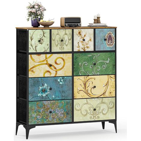 Kommode mit 10 Stoffschubladen, dreistöckig, Sideboard mit Stahlrahmen, Retro-Muster (1/5)