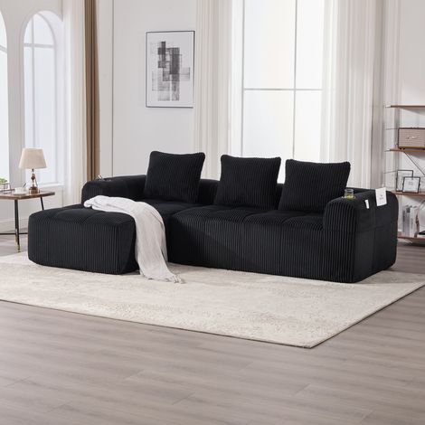 Divano angolare modulare compatto a 3 posti con 3 cuscini, tasche laterali e portabicchieri, 253x158x61 cm, velluto a coste nero (1/5)
