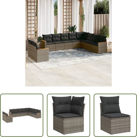 vidaXL Canapé en résine - Salon de jardin avec coussins 10 pcs gris résine tressée (1/5)