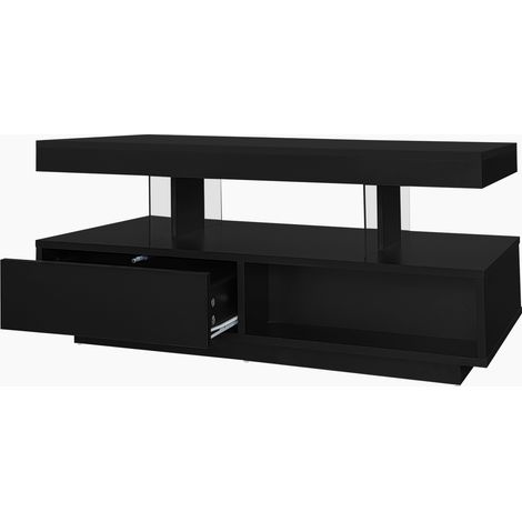 Tavolino da salotto nero lucido 95 x 50 x 42,5 cm con 4 inserti in vetro, 2 cassetti e 2 vani aperti (1/5)