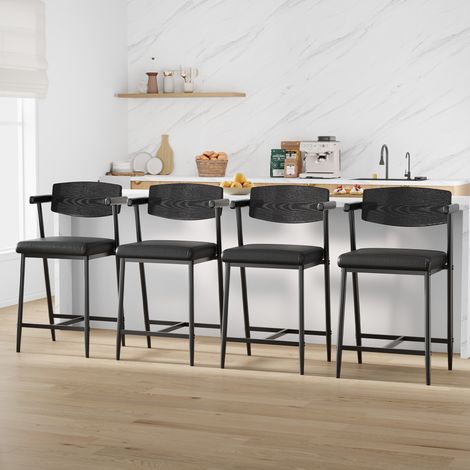 Tabourets de bar noir 66 cm (4 pièces), assise rembourrée cuir, dossier, accoudoirs, repose-pieds, cadre métal pour cuisine et îlot (1/5)