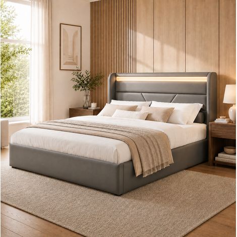 Bett 140x200 cm mit Stauraum, LED-Kopfteil, PU in Grau, Polsterbett mit hydraulisch klappbarem Lattenrost (1/5)