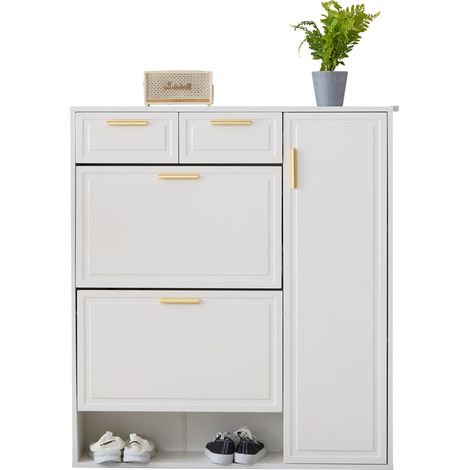 Schuhschrank mit 2 Schubladen, 2 Türen, Verstellbaren Einlegeböden und Offenen Fächern, aus Spanplatte, Weiß, 95×24×107.5 cm (1/5)