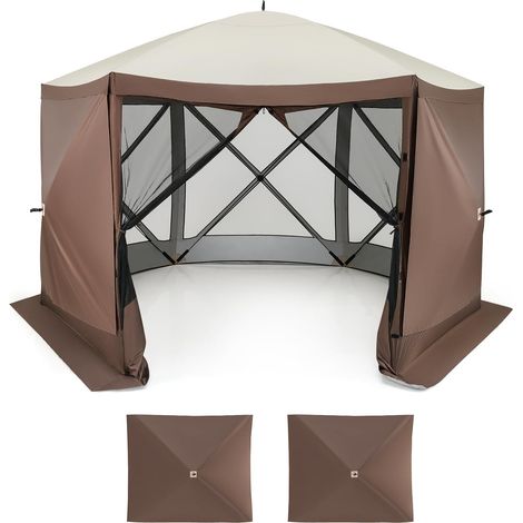 Tonnelle 350 x 350 cm à Ouverture Instantanée, 6 Côtés avec Parois en Maille 2 Pare-Vent Amovibles Sac de Transport, Tente Gazebo, Café (1/5)