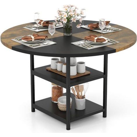 Table à manger ronde noire 120 cm avec plateau bicolore en bois plaqué, étagères et pieds réglables pour salle à manger et cuisine (1/5)