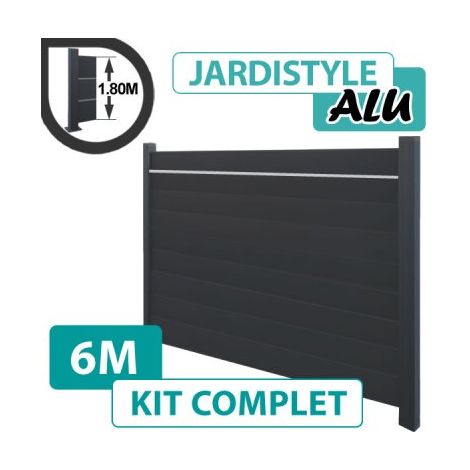 Kit Clôture Aluminium Gris Anthracite 6M - Plein avec Liseré - 1,80 mètre