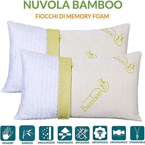 EVERGREENWEB - Coppia Cuscini in MEMORY FOAM e Fodera in fibra di BAMBOO 40x70 alti 12 cm da Letto o Arredo Divano Imbottitura 100% Fiocco effetto Piuma Antiacaro 2 Guanciali Sfoderabili OFFERTA PRIME (1/5)
